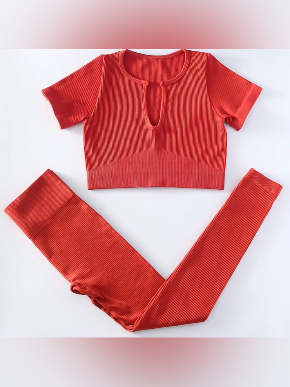Women’s Ribbed Two-Piece Crop Top & Leggings Set Red Orange NEW M Medium